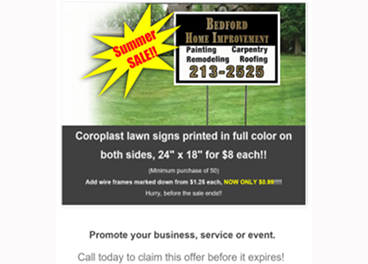 Advertisement for coroplast lawn signs