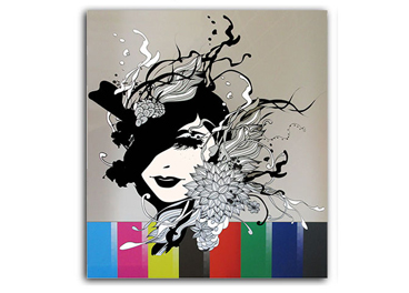 graphic of woman in flowing hat